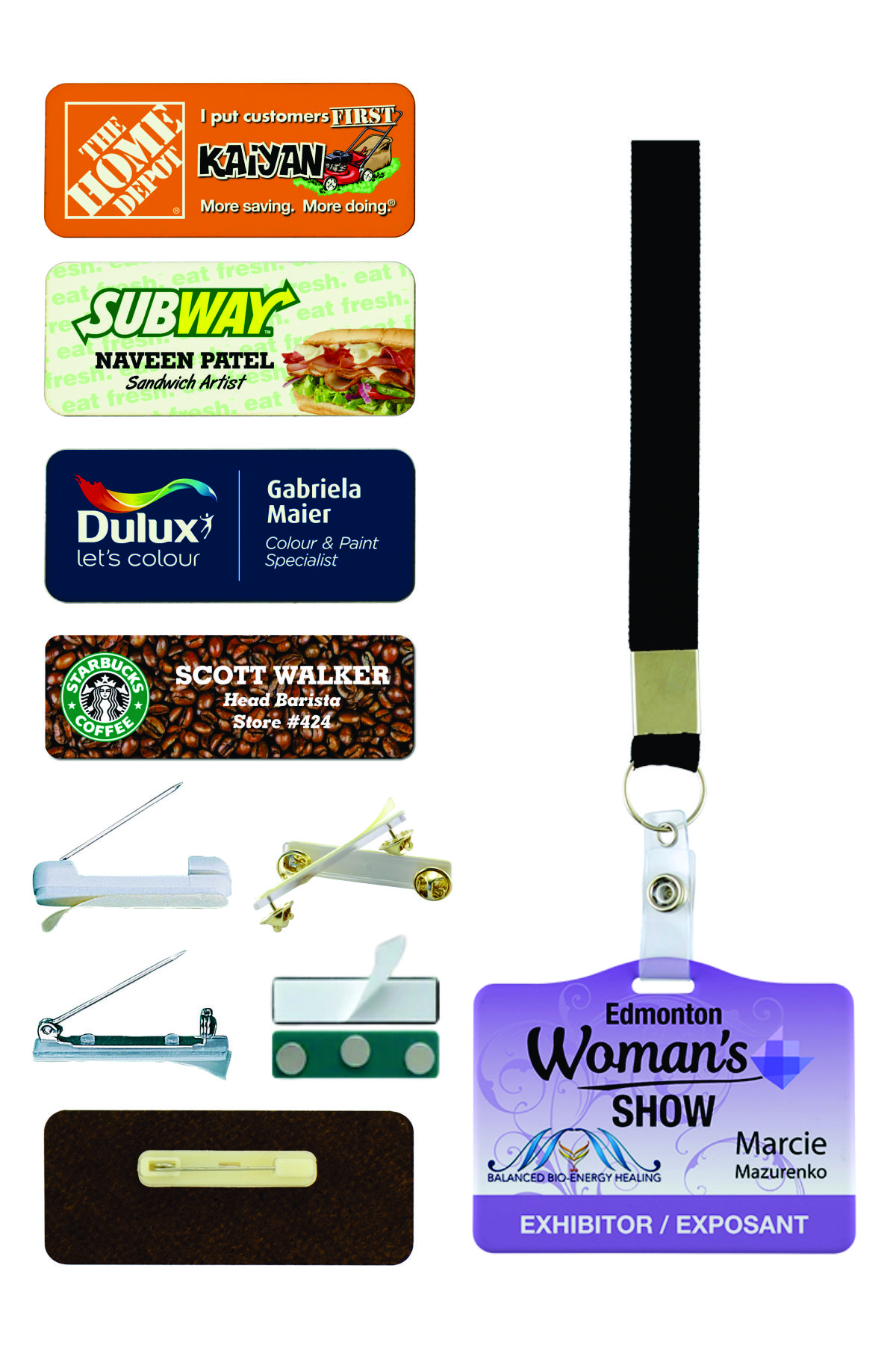 custom name badge and fastener samples